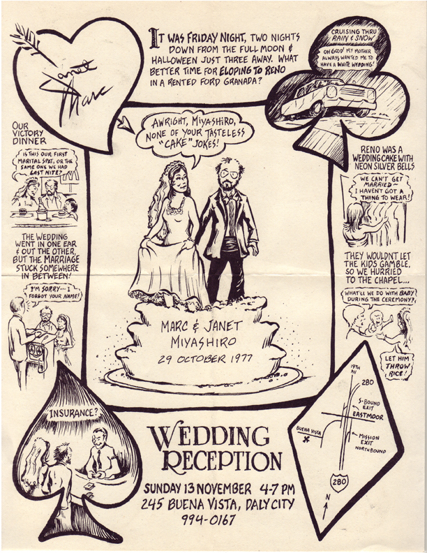 Cartoon of Marc & Janet eloping to Reno in 1977.